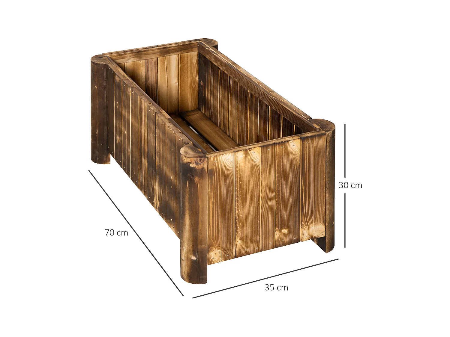 Jardinière sur pied bac à fleurs dim. 70L x 35l x 30H cm piètement demi rondin corps aspect lattes bois sapin traité carbonisation