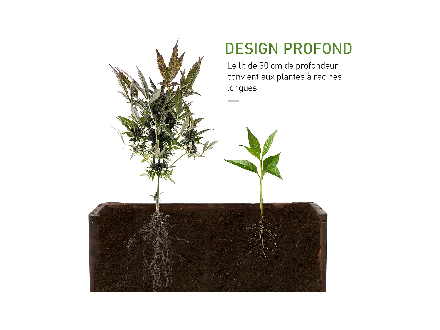 Jardinière sur pied bac à fleurs dim. 70L x 35l x 30H cm piètement demi rondin corps aspect lattes bois sapin traité carbonisation