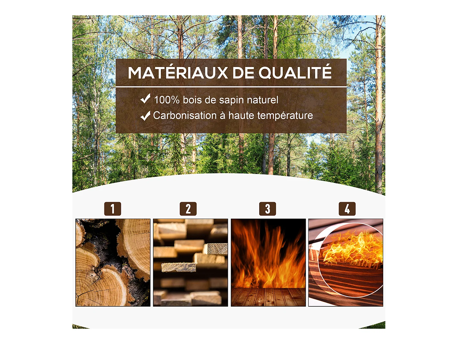 Jardinière sur pied bac à fleurs dim. 70L x 35l x 30H cm piètement demi rondin corps aspect lattes bois sapin traité carbonisation