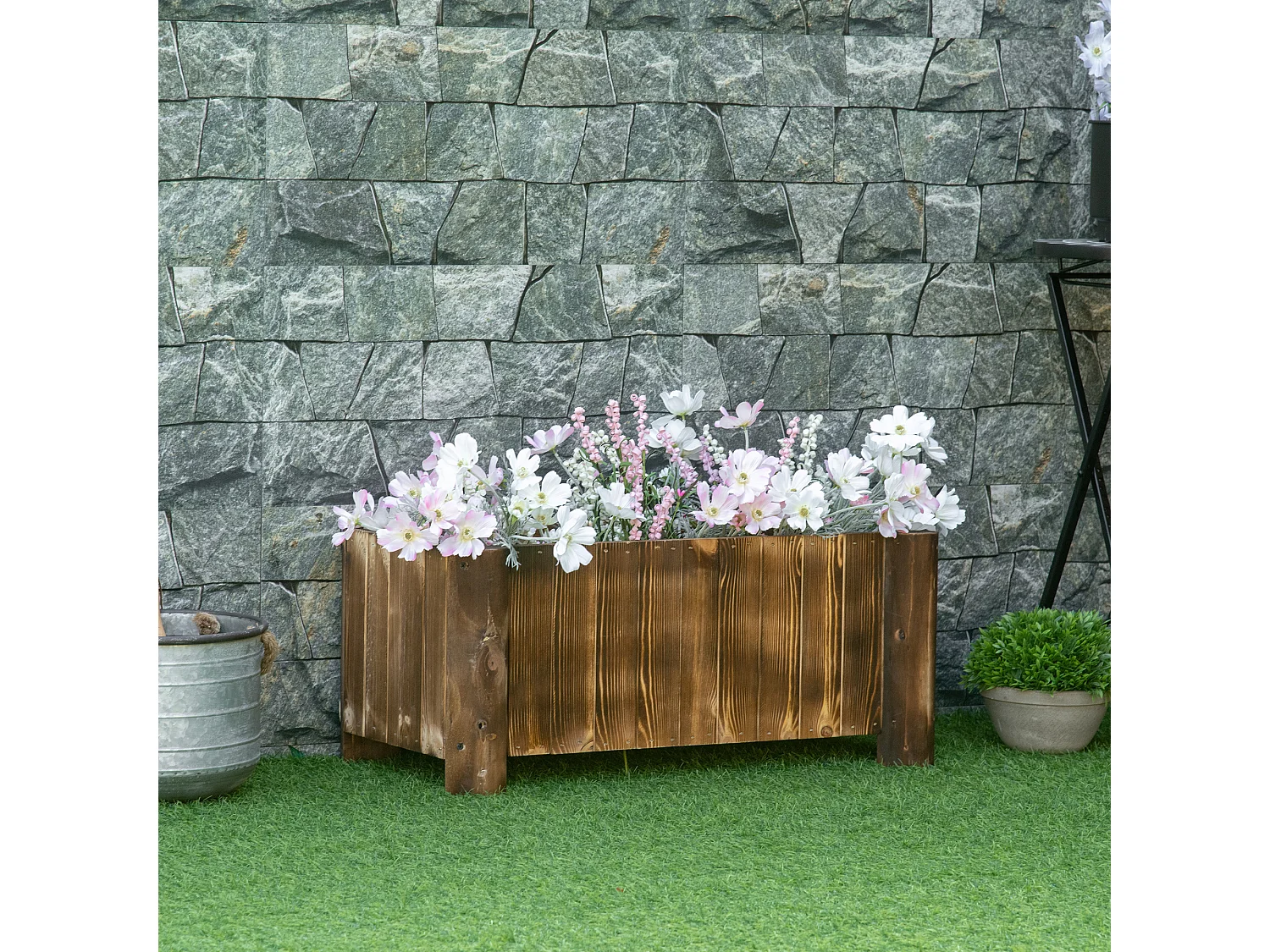 Jardinière sur pied bac à fleurs dim. 70L x 35l x 30H cm piètement demi rondin corps aspect lattes bois sapin traité carbonisation