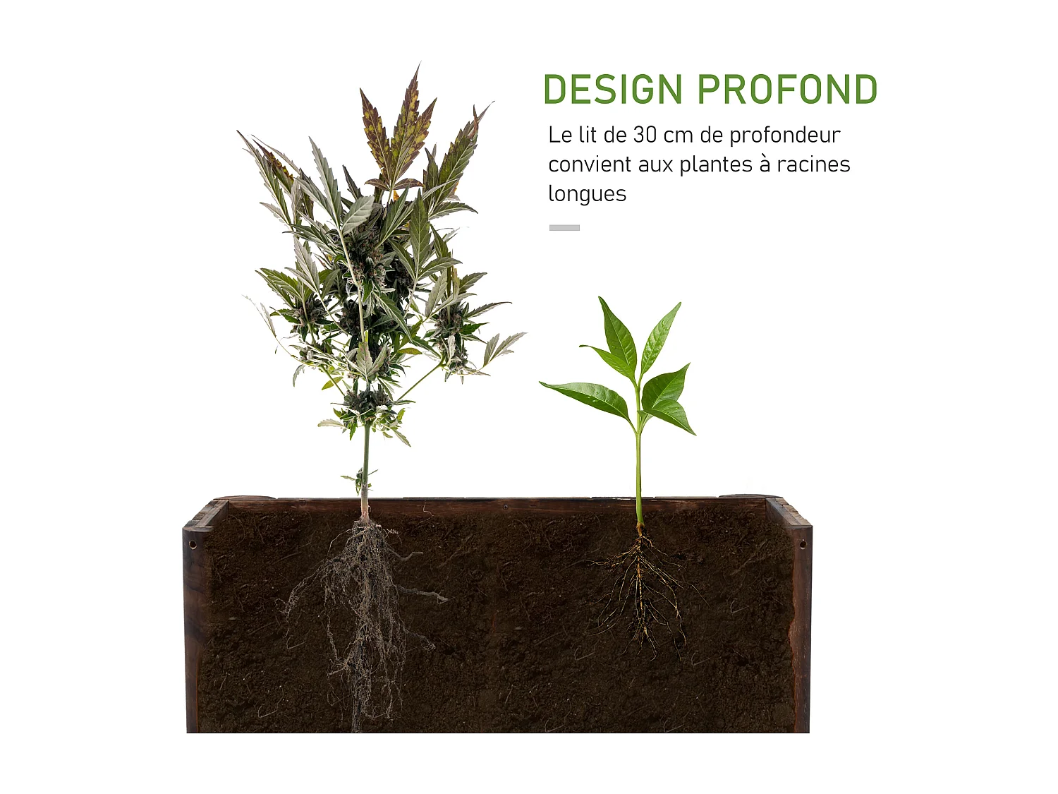 Jardinière sur pied bac à fleurs dim. 70L x 35l x 30H cm piètement demi rondin corps aspect lattes bois sapin traité carbonisation