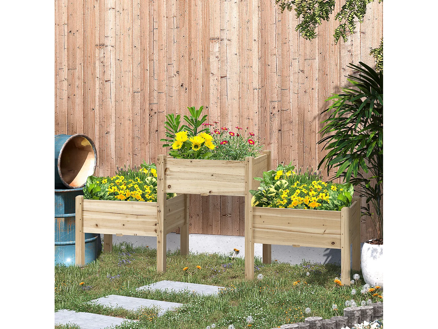 Jardinière sur pieds carré potager 2 étages dim. 184L x 45l x 80H cm inserts d'irrigation bois sapin pré-huilé