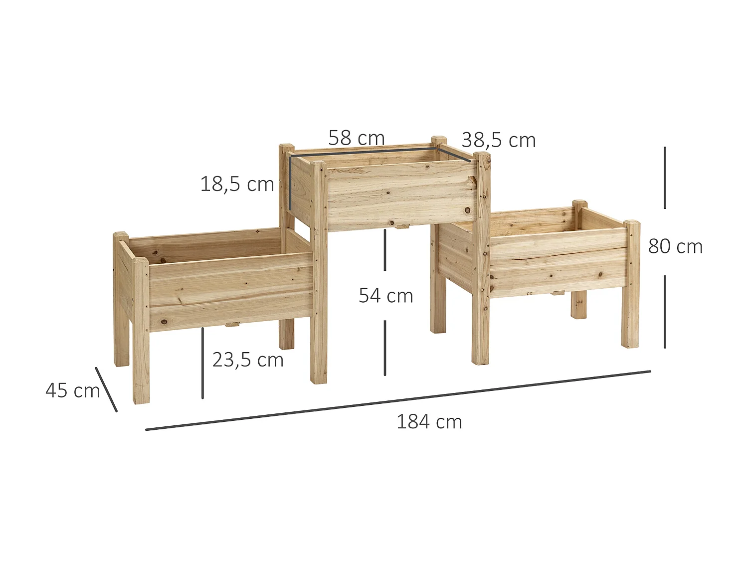 Jardinière sur pieds carré potager 2 étages dim. 184L x 45l x 80H cm inserts d'irrigation bois sapin pré-huilé