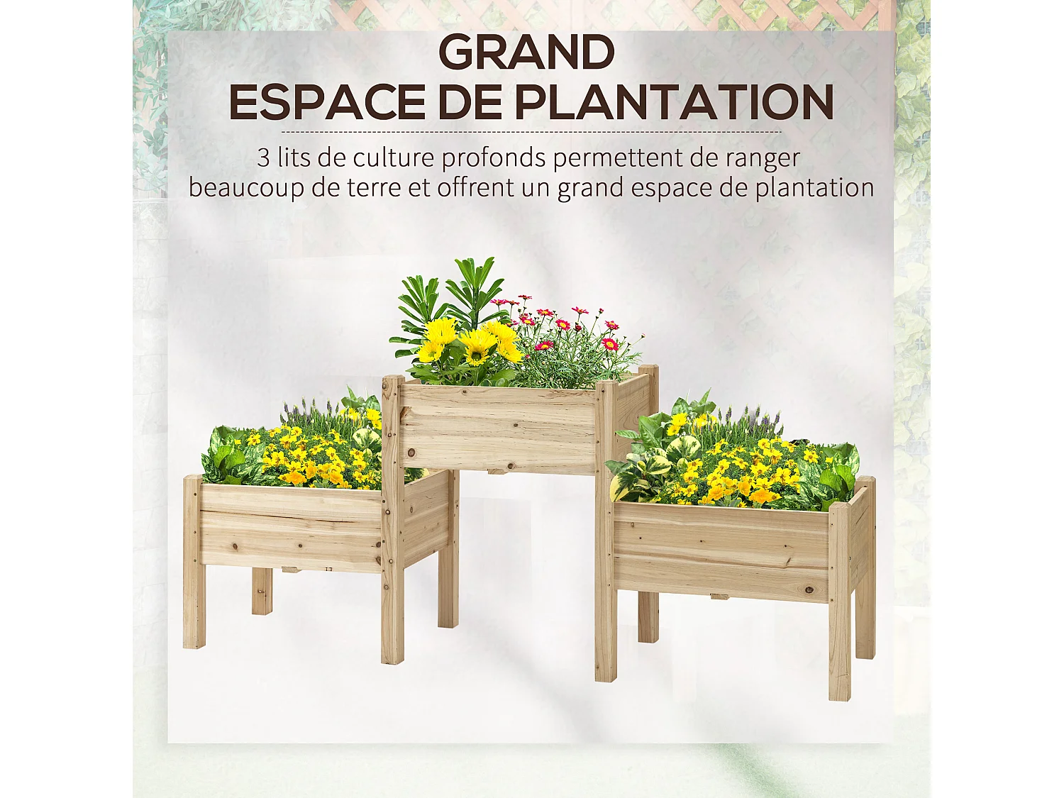 Jardinière sur pieds carré potager 2 étages dim. 184L x 45l x 80H cm inserts d'irrigation bois sapin pré-huilé