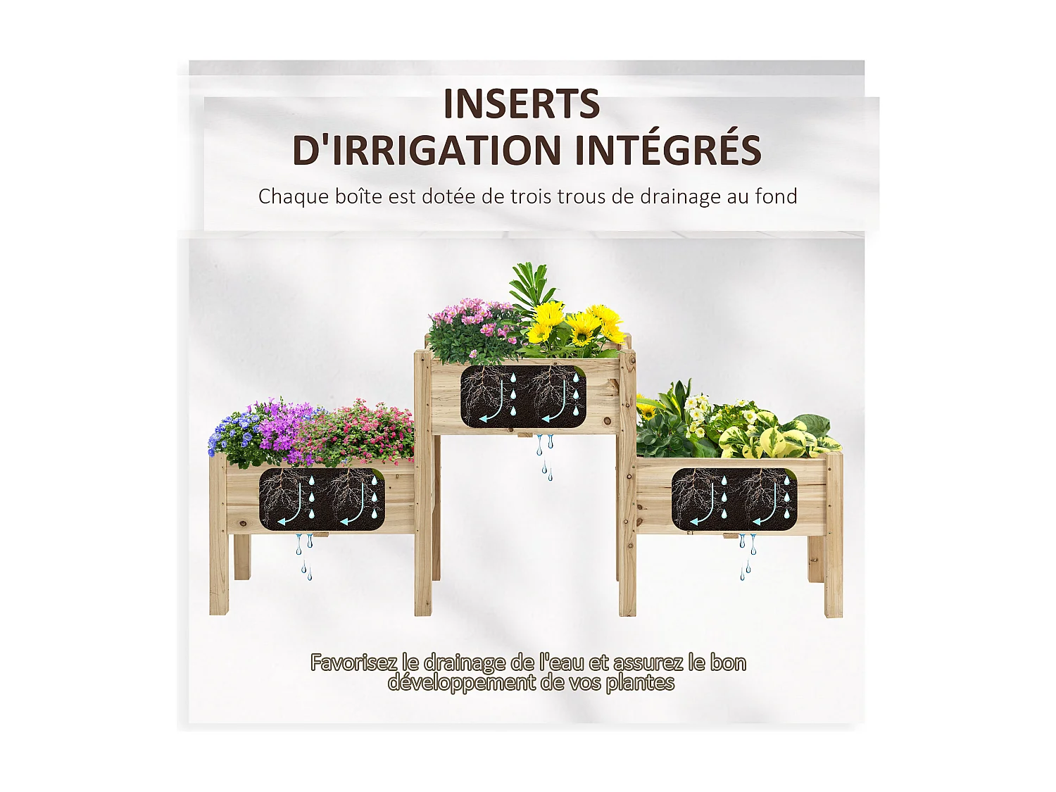 Jardinière sur pieds carré potager 2 étages dim. 184L x 45l x 80H cm inserts d'irrigation bois sapin pré-huilé