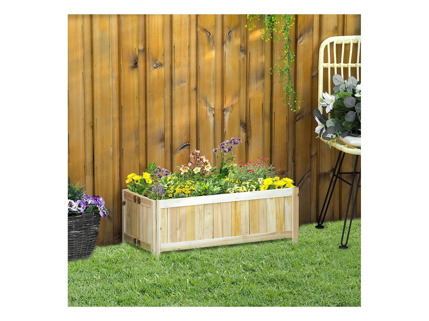Jardinière sur pied pliable bac à fleurs dim. 70L x 30l x 25H cm corps aspect lattes bois sapin pré-huilé