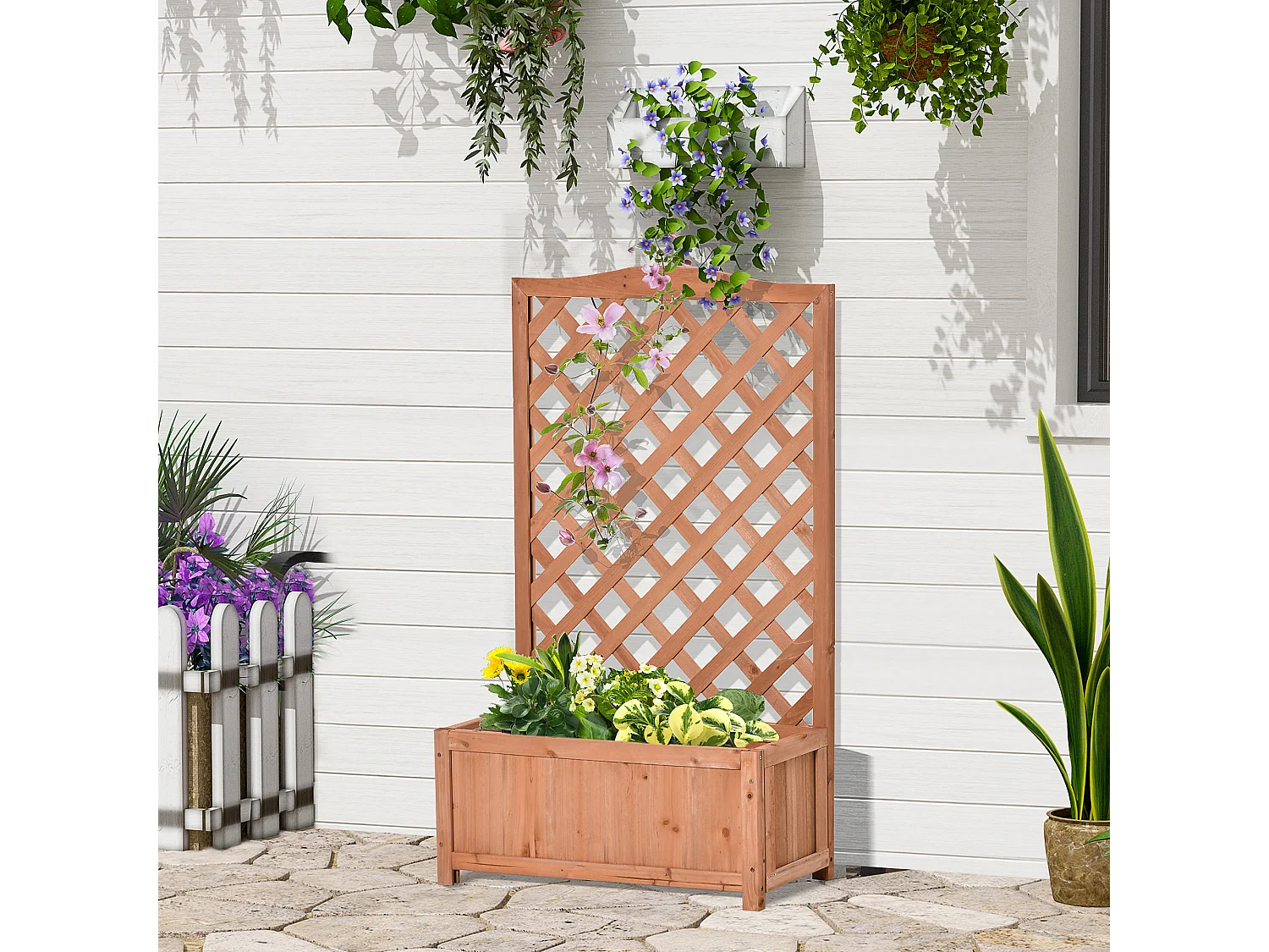 Jardinière avec treillis - bac à fleurs - jardinière sur pied - dim. 70L x 28l x 117H cm - fond à lattes - bois sapin pré-huilé