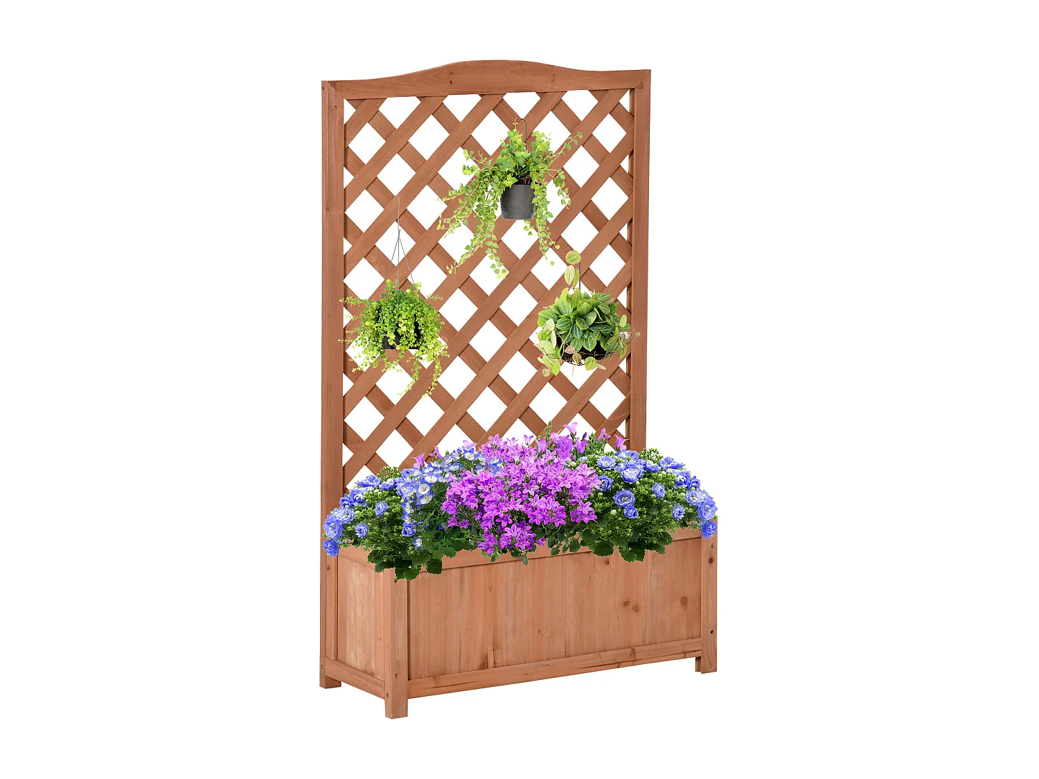 Jardinière avec treillis - bac à fleurs - jardinière sur pied - dim. 70L x 28l x 117H cm - fond à lattes - bois sapin pré-huilé