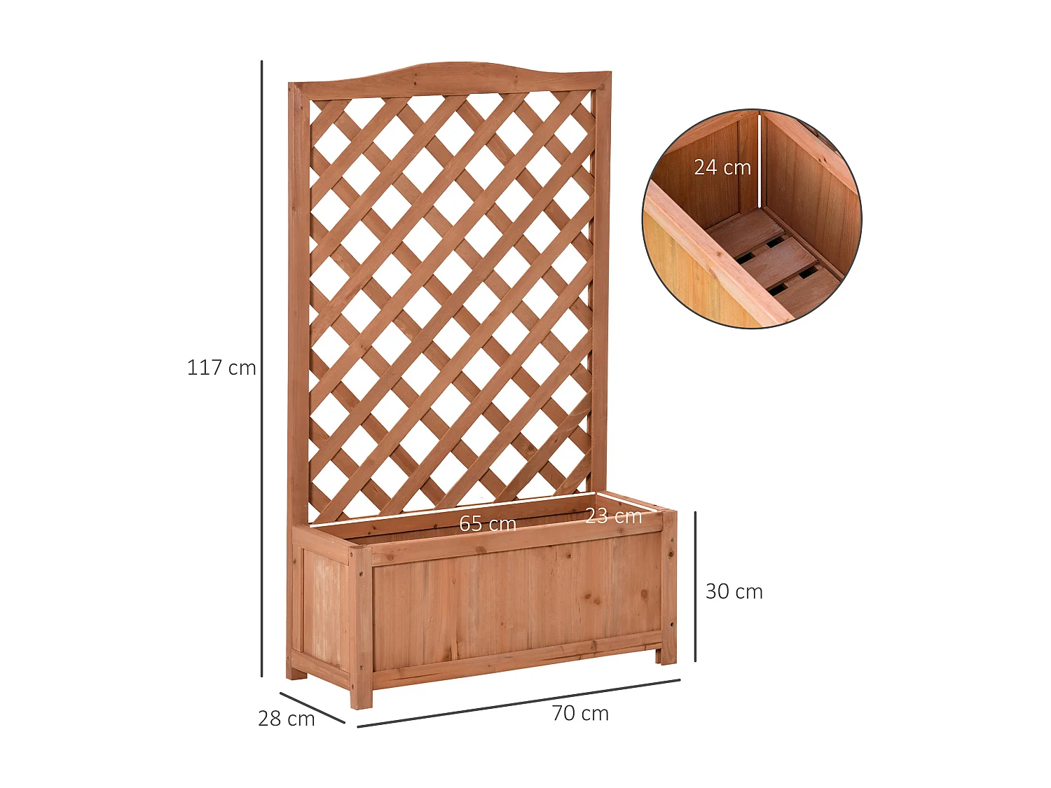 Jardinière avec treillis - bac à fleurs - jardinière sur pied - dim. 70L x 28l x 117H cm - fond à lattes - bois sapin pré-huilé