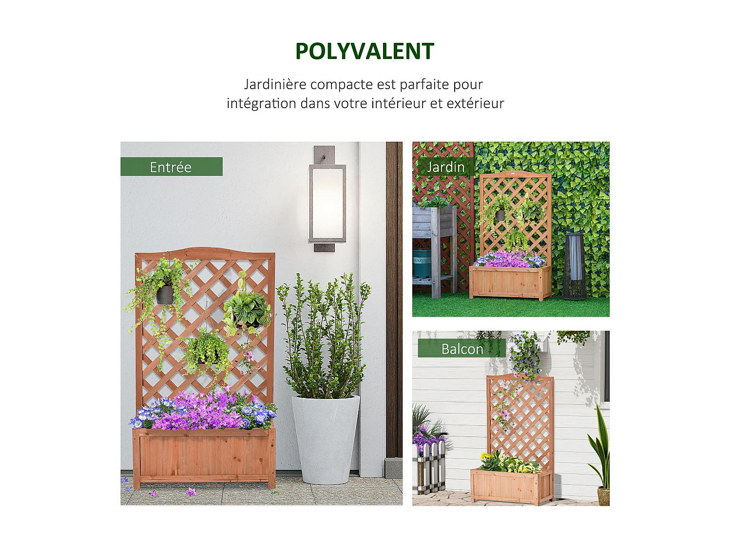 Jardinière avec treillis - bac à fleurs - jardinière sur pied - dim. 70L x 28l x 117H cm - fond à lattes - bois sapin pré-huilé