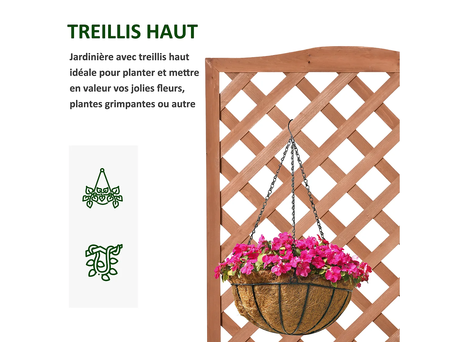 Jardinière avec treillis - bac à fleurs - jardinière sur pied - dim. 70L x 28l x 117H cm - fond à lattes - bois sapin pré-huilé