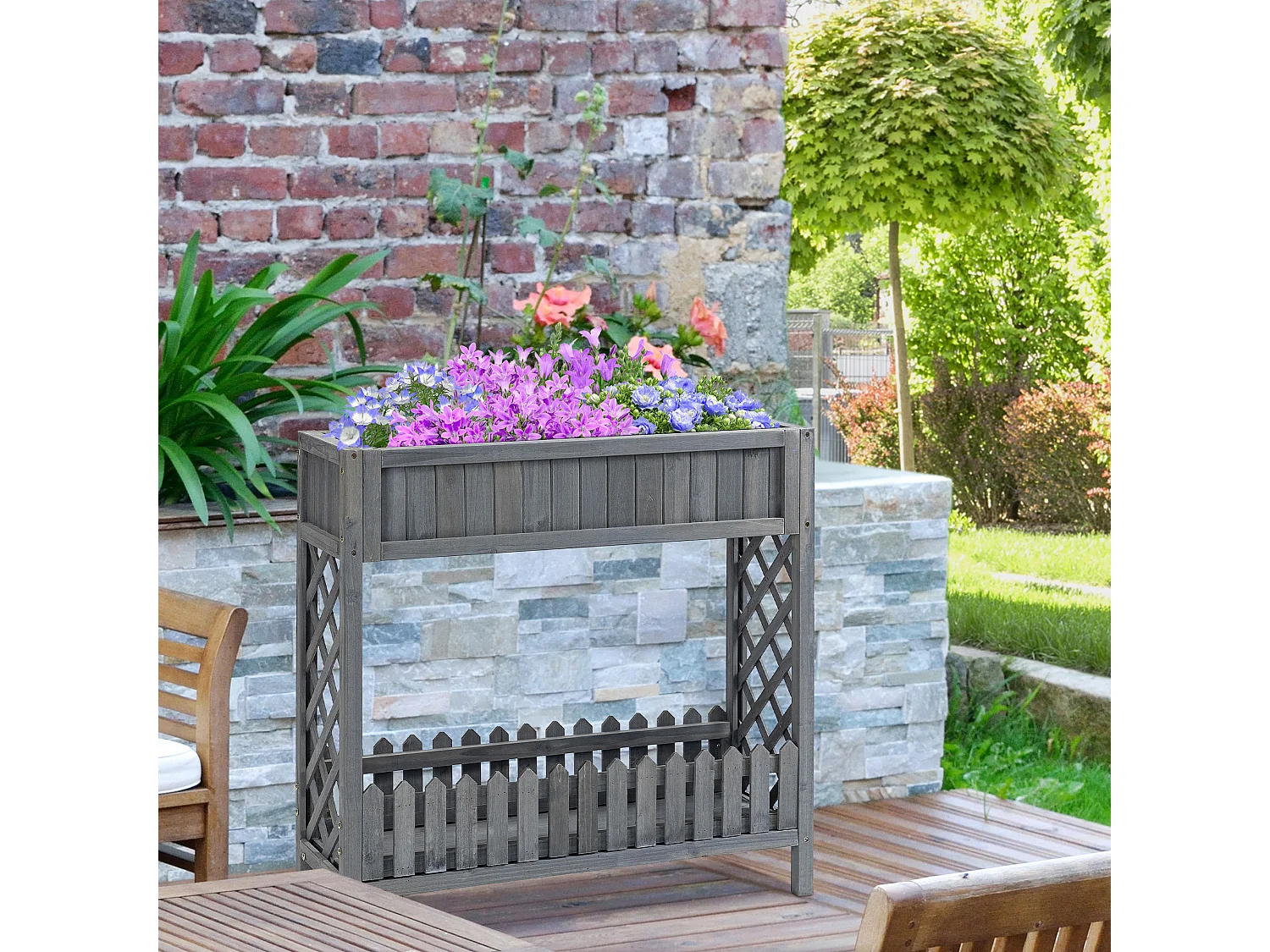 Jardinière sur pied potager avec étagère barrière - pans latéraux treillis - dim. 90L x 30l x 90H cm - bois sapin gris