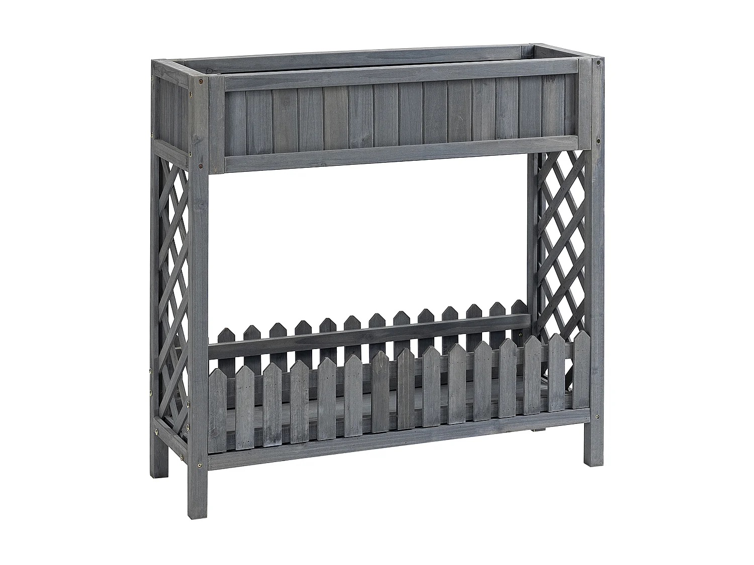 Jardinière sur pied potager avec étagère barrière - pans latéraux treillis - dim. 90L x 30l x 90H cm - bois sapin gris