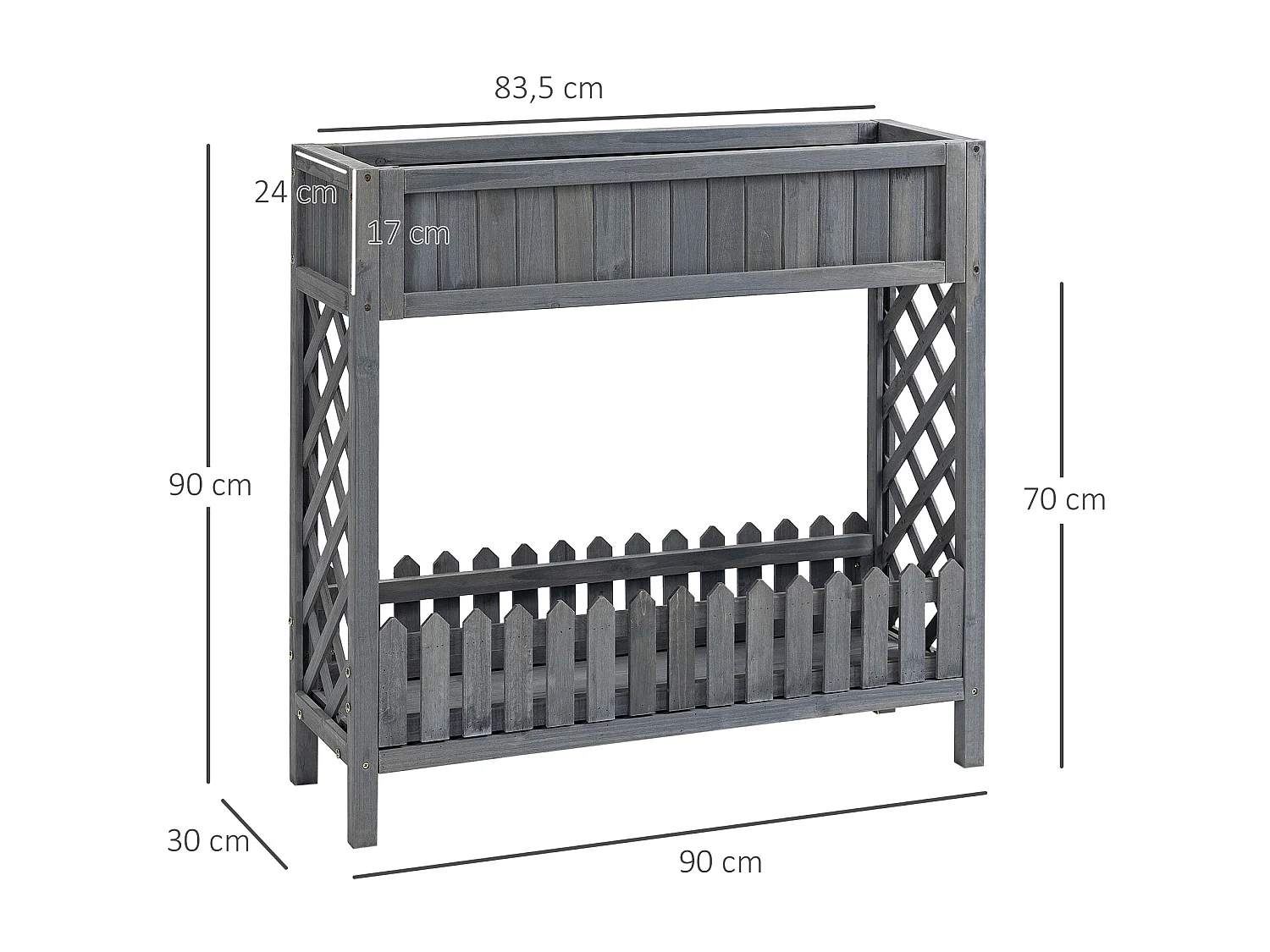 Jardinière sur pied potager avec étagère barrière - pans latéraux treillis - dim. 90L x 30l x 90H cm - bois sapin gris