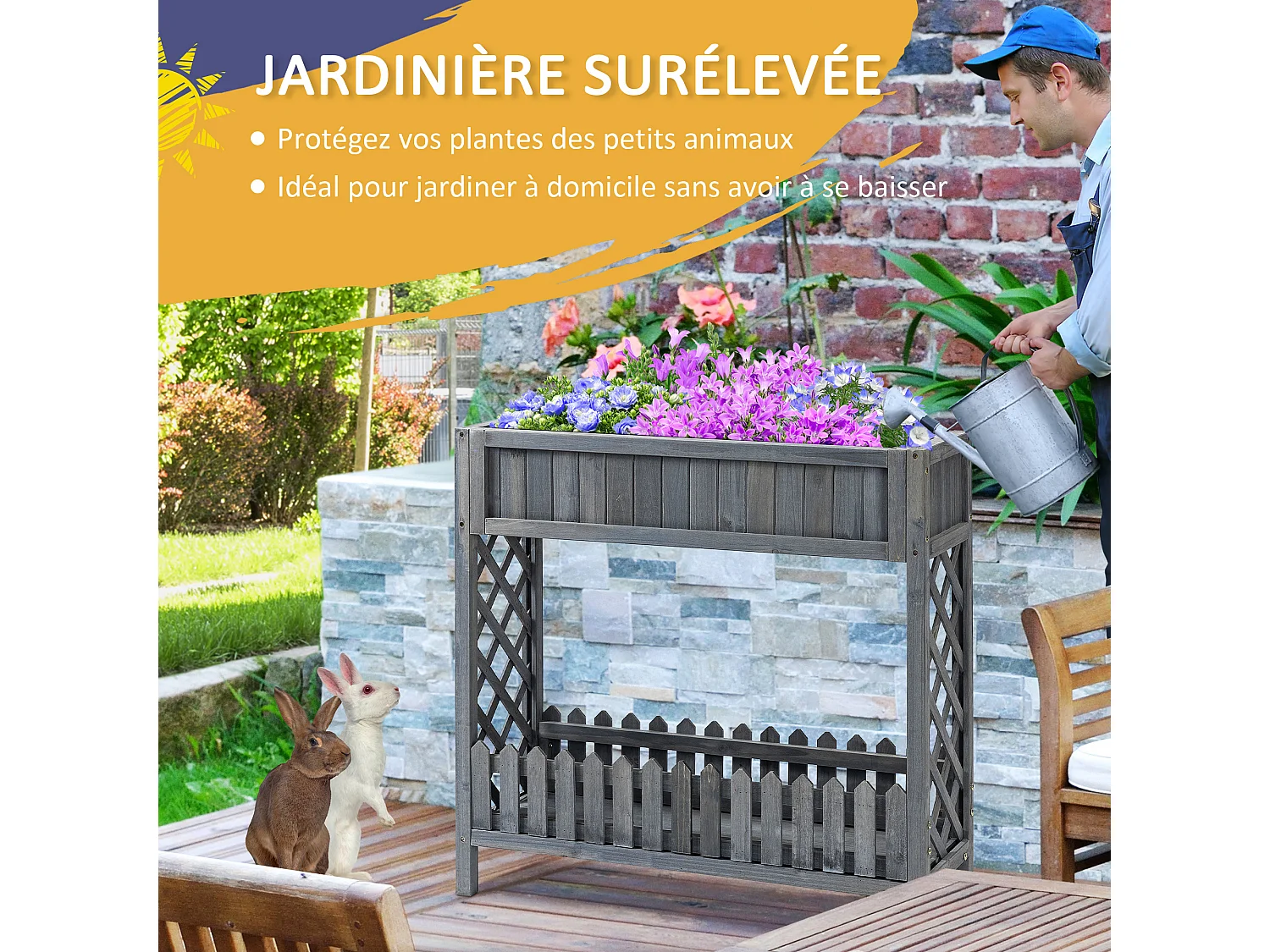 Jardinière sur pied potager avec étagère barrière - pans latéraux treillis - dim. 90L x 30l x 90H cm - bois sapin gris