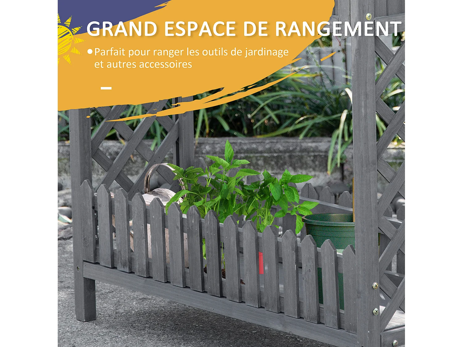 Jardinière sur pied potager avec étagère barrière - pans latéraux treillis - dim. 90L x 30l x 90H cm - bois sapin gris