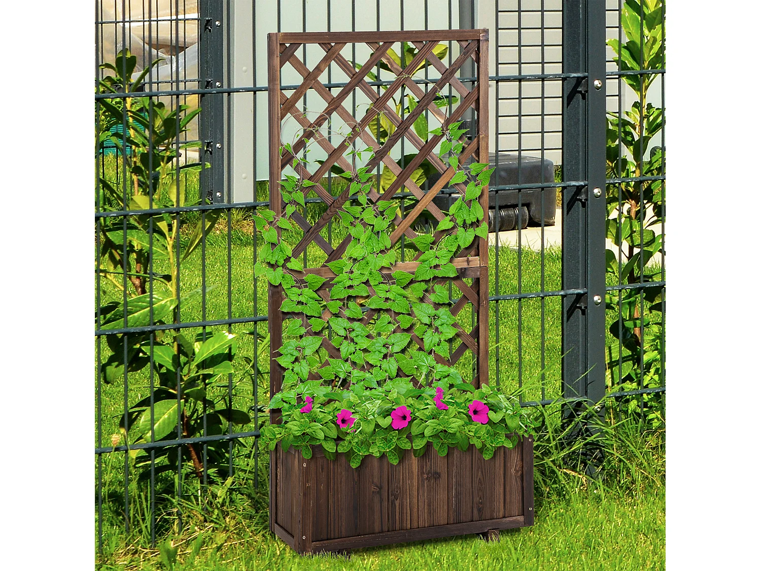 Jardinière avec treillis - bac à fleurs - jardinière sur pied - dim. 72,5L x 31,5l x 149,5H cm inserts d'irrigation inclus bois sapin traité carbonisation