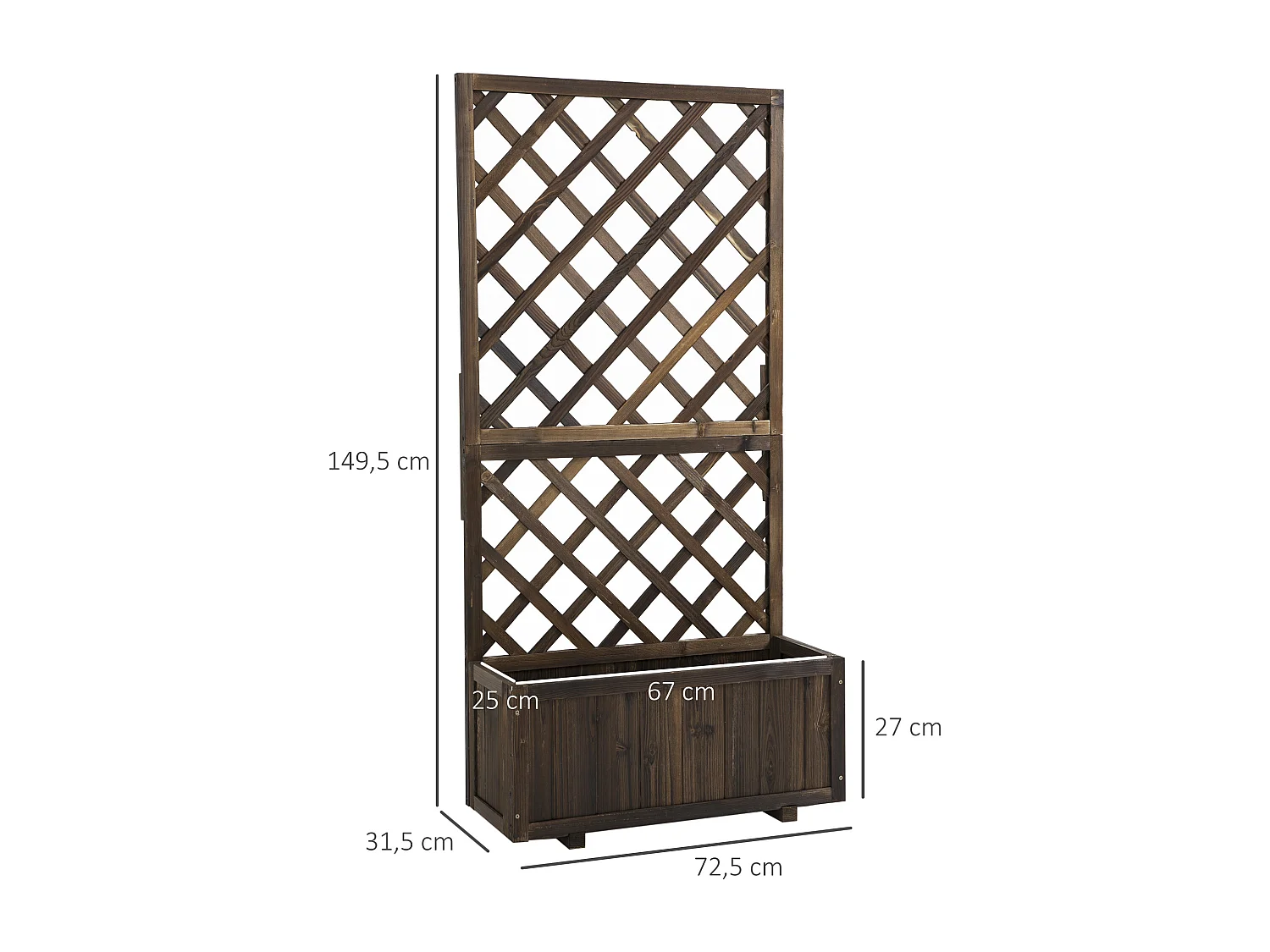 Jardinière avec treillis - bac à fleurs - jardinière sur pied - dim. 72,5L x 31,5l x 149,5H cm inserts d'irrigation inclus bois sapin traité carbonisation