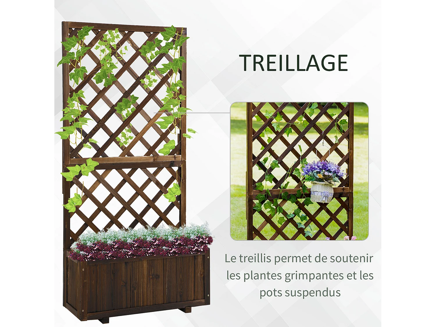 Jardinière avec treillis - bac à fleurs - jardinière sur pied - dim. 72,5L x 31,5l x 149,5H cm inserts d'irrigation inclus bois sapin traité carbonisation