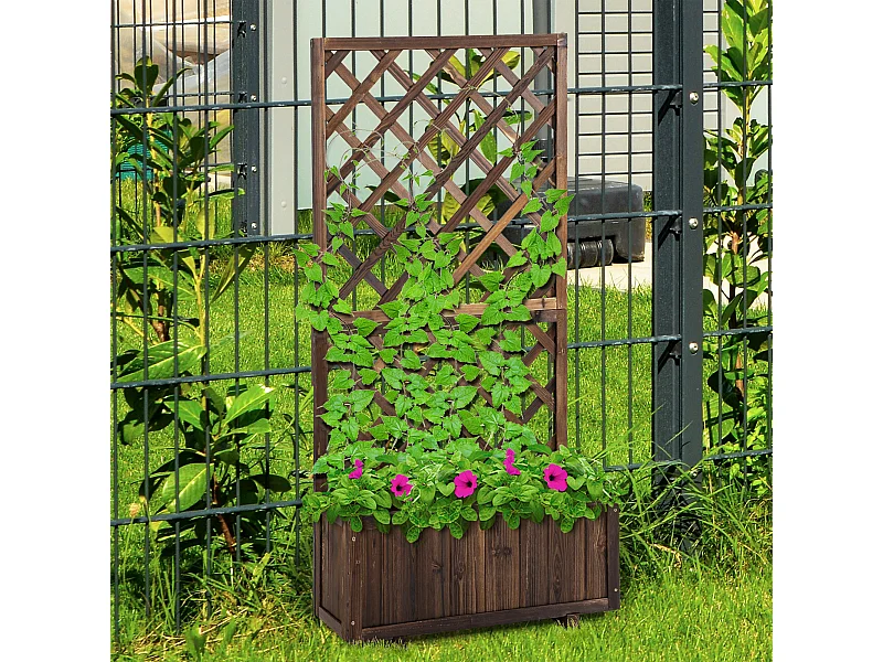 Jardinière avec treillis - bac à fleurs - jardinière sur pied - dim. 72,5L x 31,5l x 149,5H cm inserts d'irrigation inclus bois sapin traité carbonisation