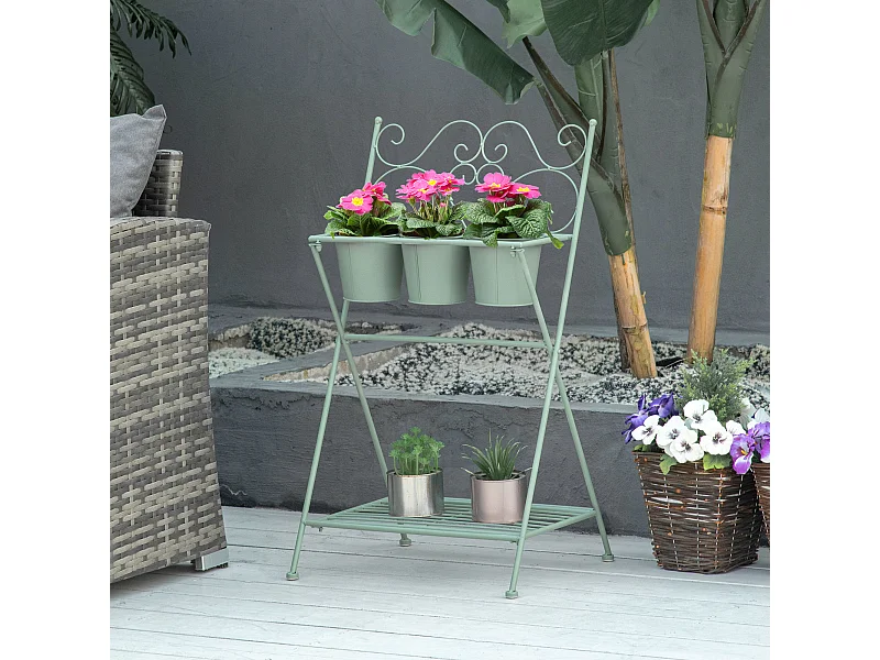 Étagère à fleurs 2 niveaux style rural chic - pliable - 3 pots de fleurs inclus, étagère - métal époxy anticorrosion vert d'eau