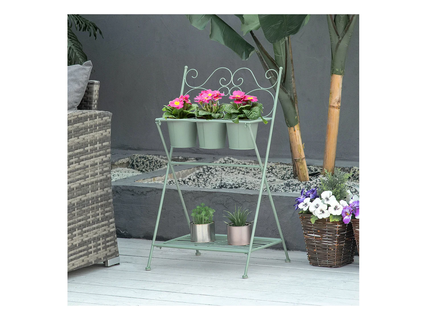 Étagère à fleurs 2 niveaux style rural chic - pliable - 3 pots de fleurs inclus, étagère - métal époxy anticorrosion vert d'eau