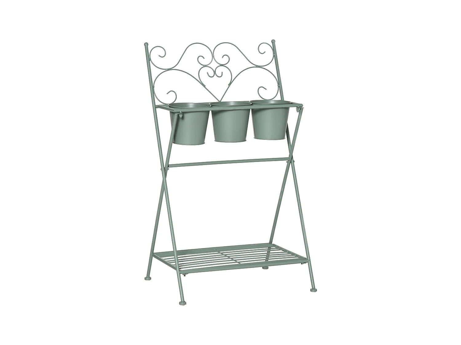 Étagère à fleurs 2 niveaux style rural chic - pliable - 3 pots de fleurs inclus, étagère - métal époxy anticorrosion vert d'eau