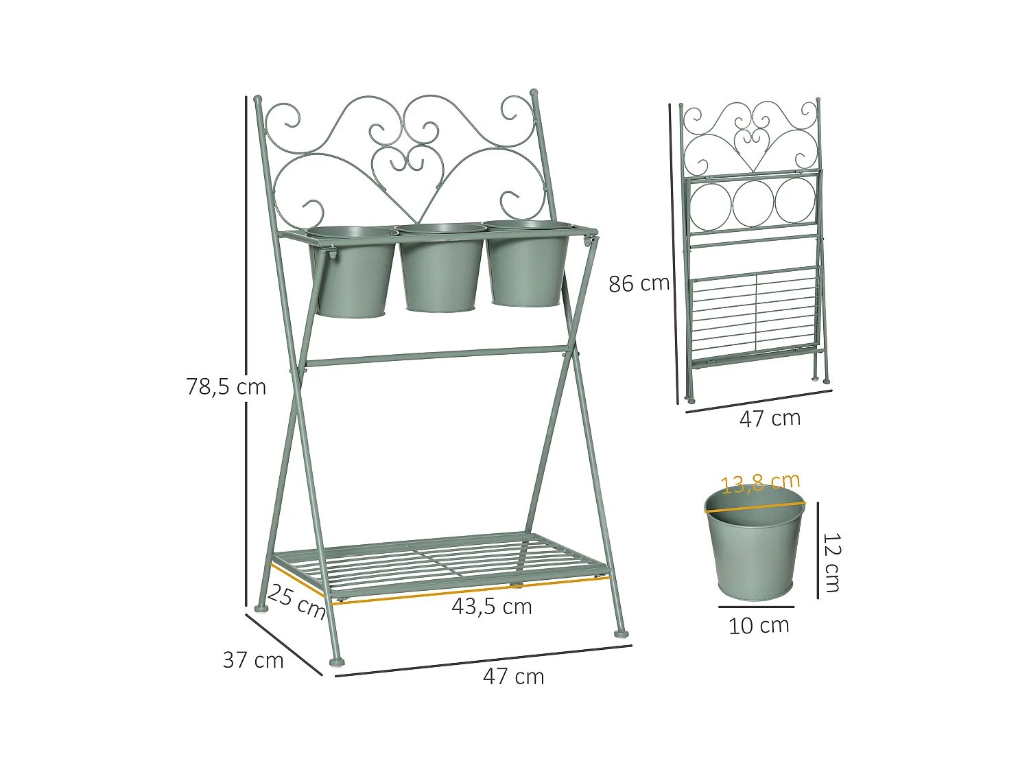 Étagère à fleurs 2 niveaux style rural chic - pliable - 3 pots de fleurs inclus, étagère - métal époxy anticorrosion vert d'eau