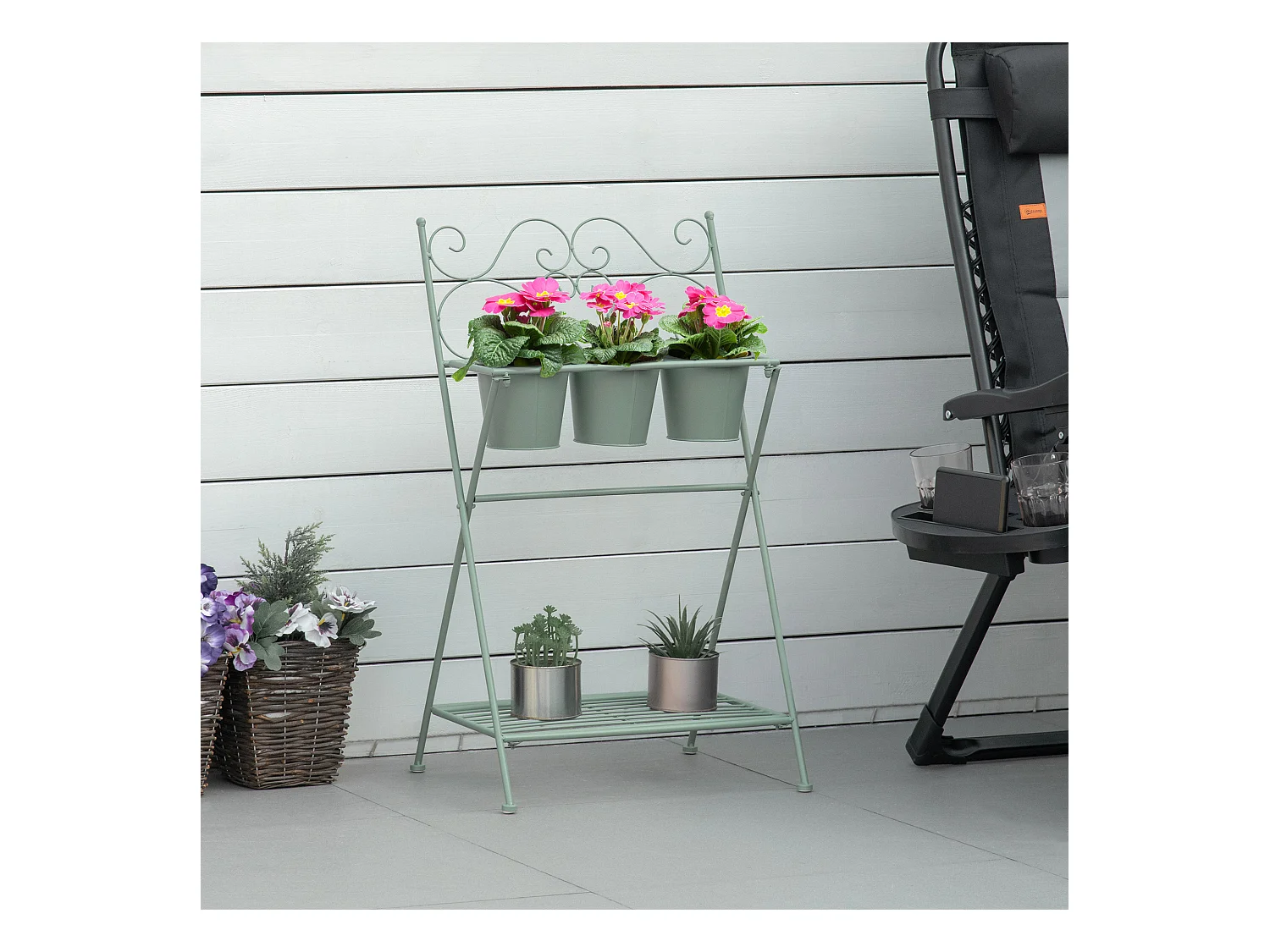 Étagère à fleurs 2 niveaux style rural chic - pliable - 3 pots de fleurs inclus, étagère - métal époxy anticorrosion vert d'eau