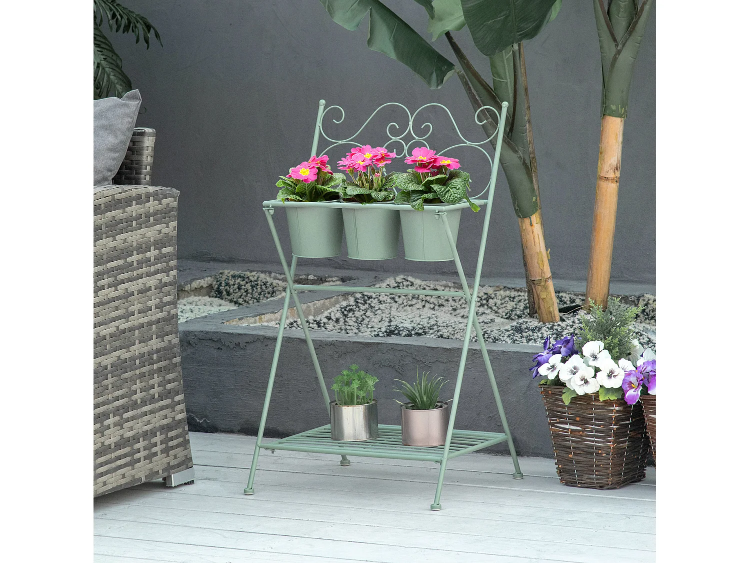 Étagère à fleurs 2 niveaux style rural chic - pliable - 3 pots de fleurs inclus, étagère - métal époxy anticorrosion vert d'eau