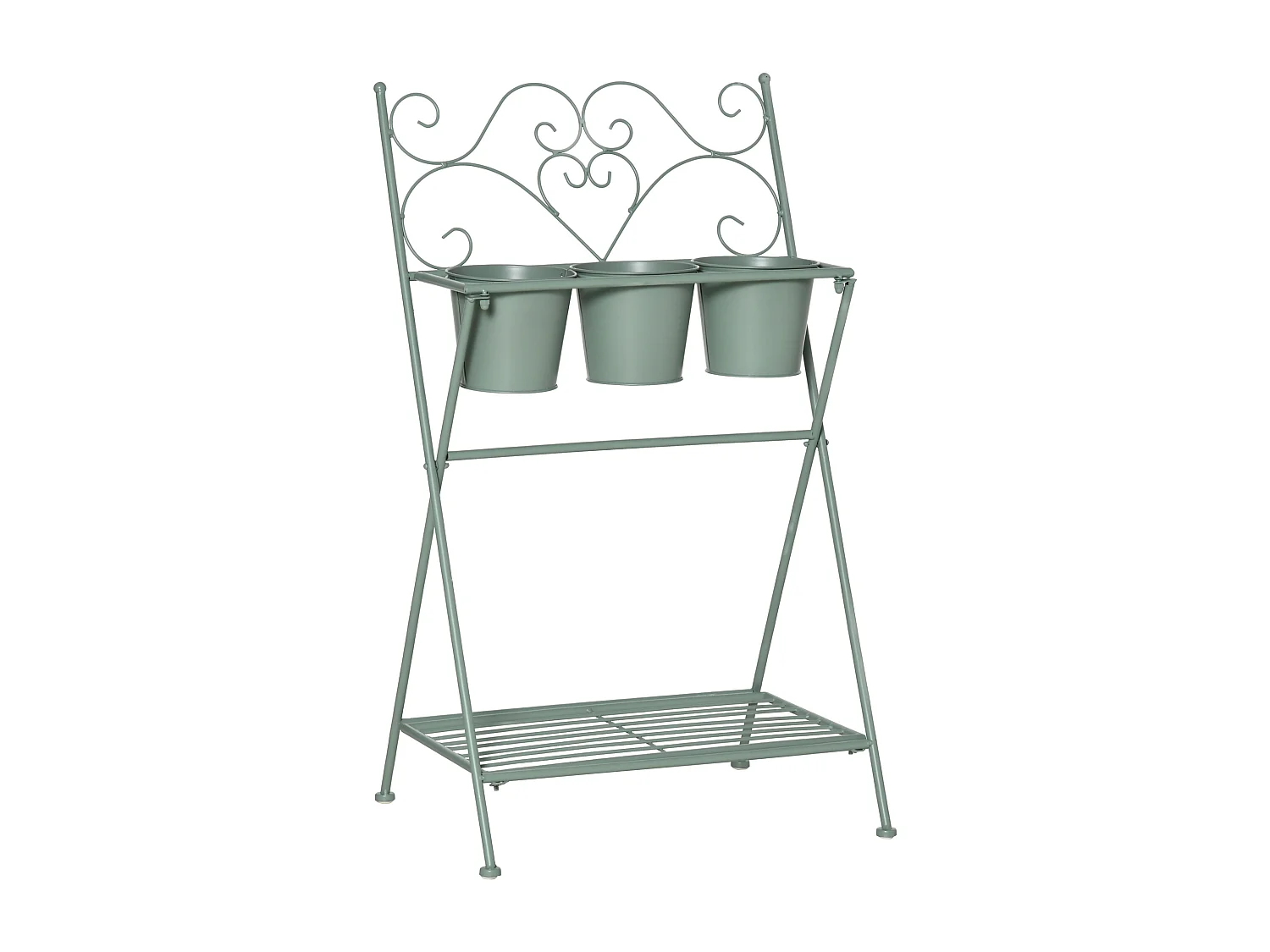 Étagère à fleurs 2 niveaux style rural chic - pliable - 3 pots de fleurs inclus, étagère - métal époxy anticorrosion vert d'eau