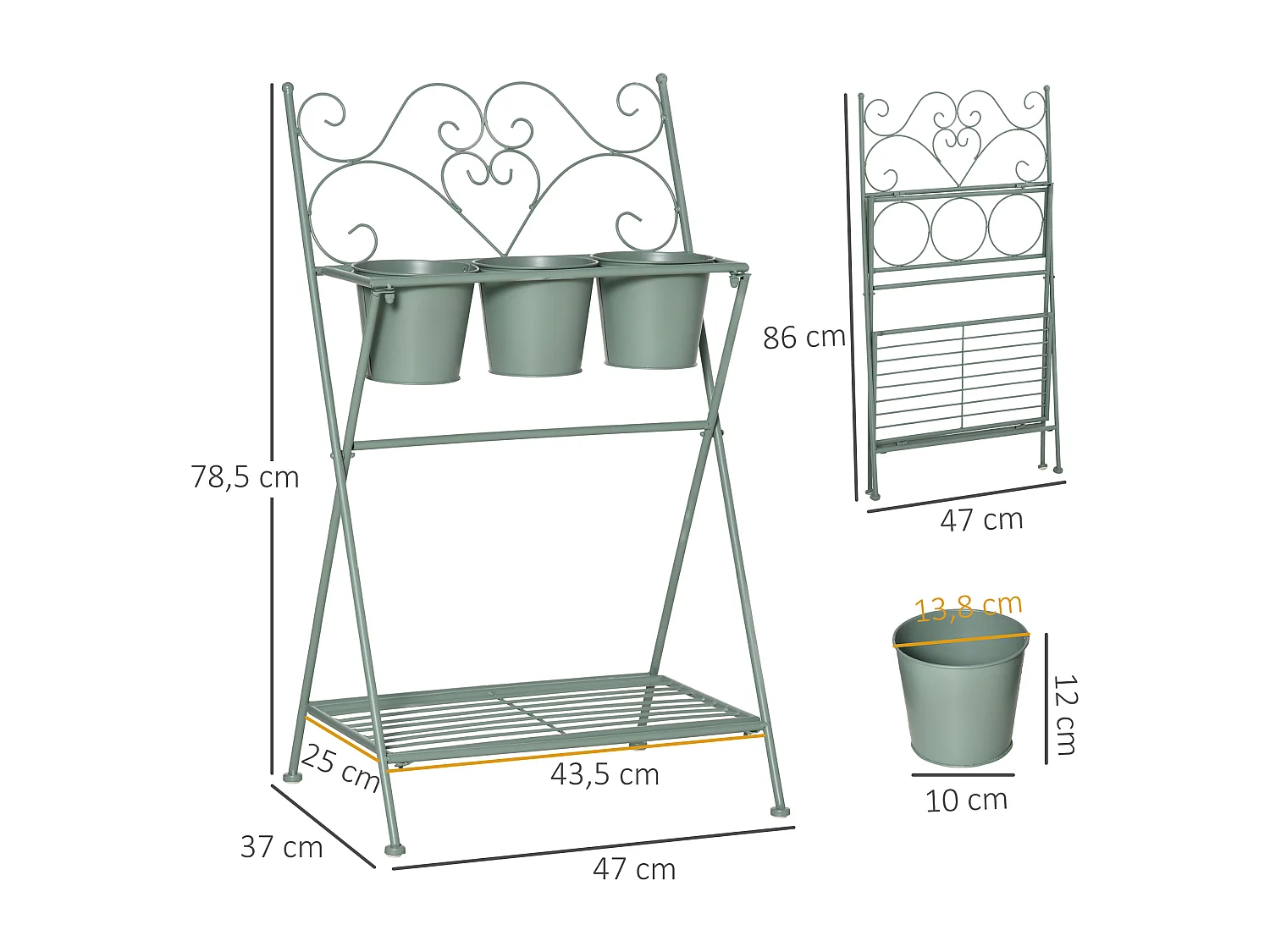 Étagère à fleurs 2 niveaux style rural chic - pliable - 3 pots de fleurs inclus, étagère - métal époxy anticorrosion vert d'eau