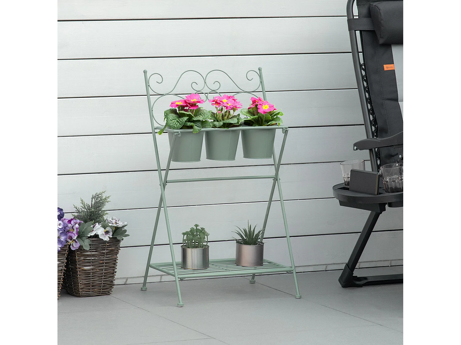 Étagère à fleurs 2 niveaux style rural chic - pliable - 3 pots de fleurs inclus, étagère - métal époxy anticorrosion vert d'eau