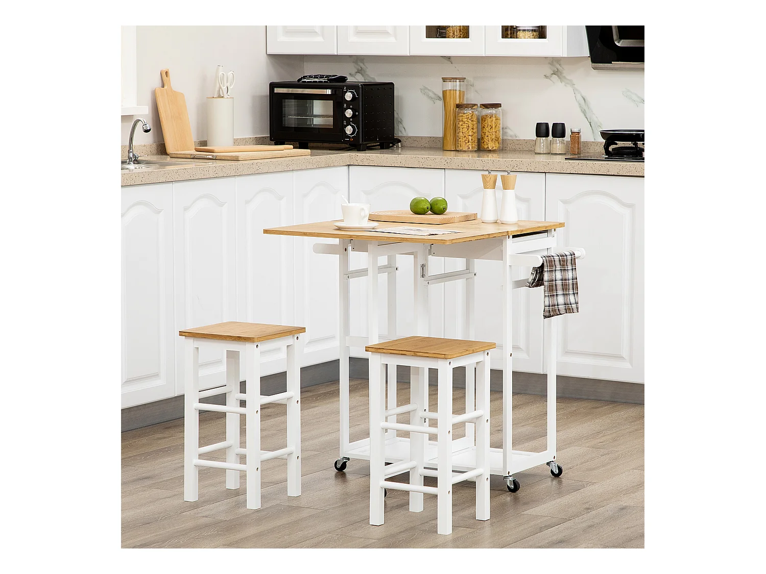 Ensemble table de bar pliable sur roulettes avec 2 tiroirs - 2 tabourets inclus - bois bambou verni et blanc