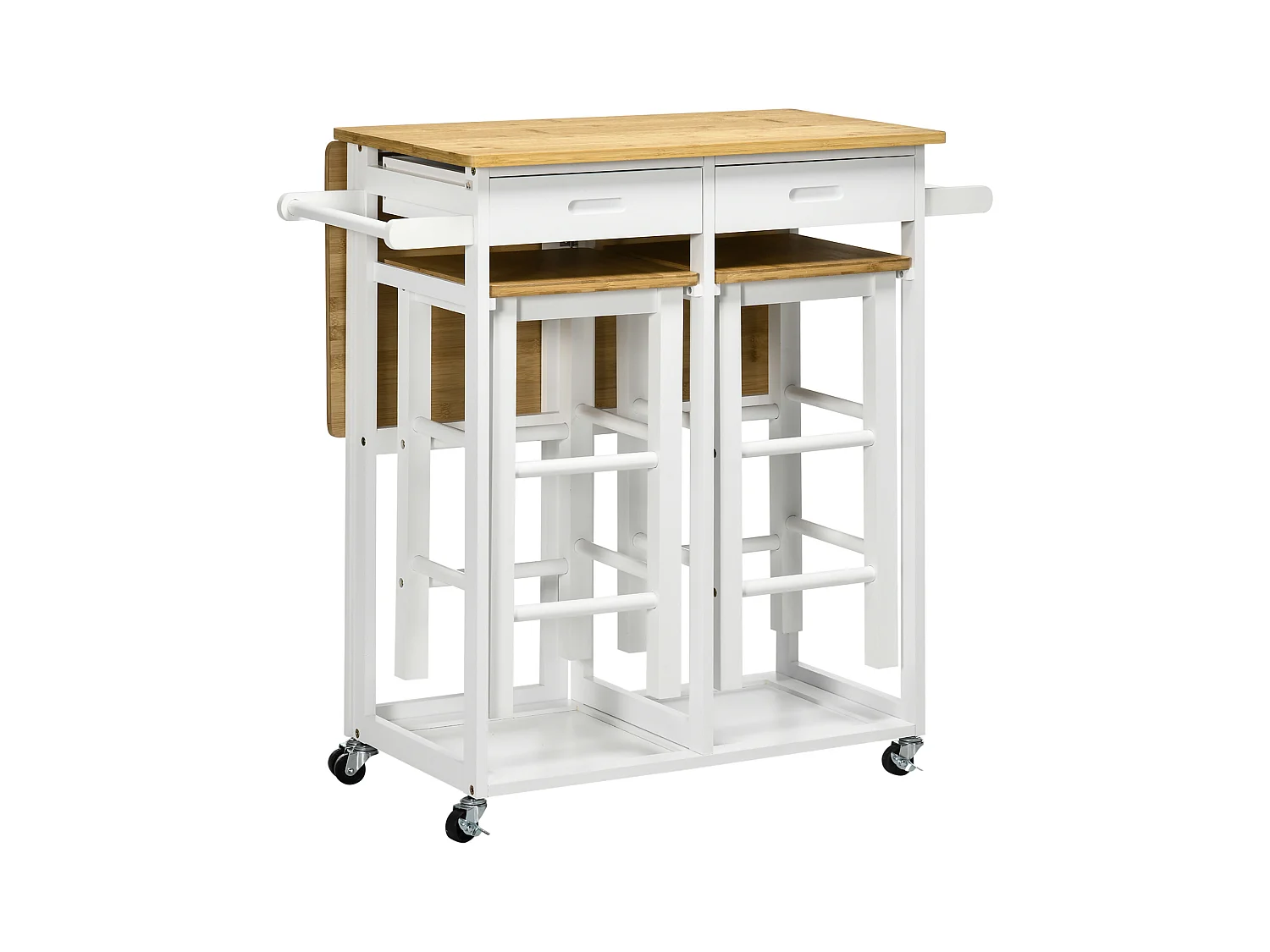 Ensemble table de bar pliable sur roulettes avec 2 tiroirs - 2 tabourets inclus - bois bambou verni et blanc