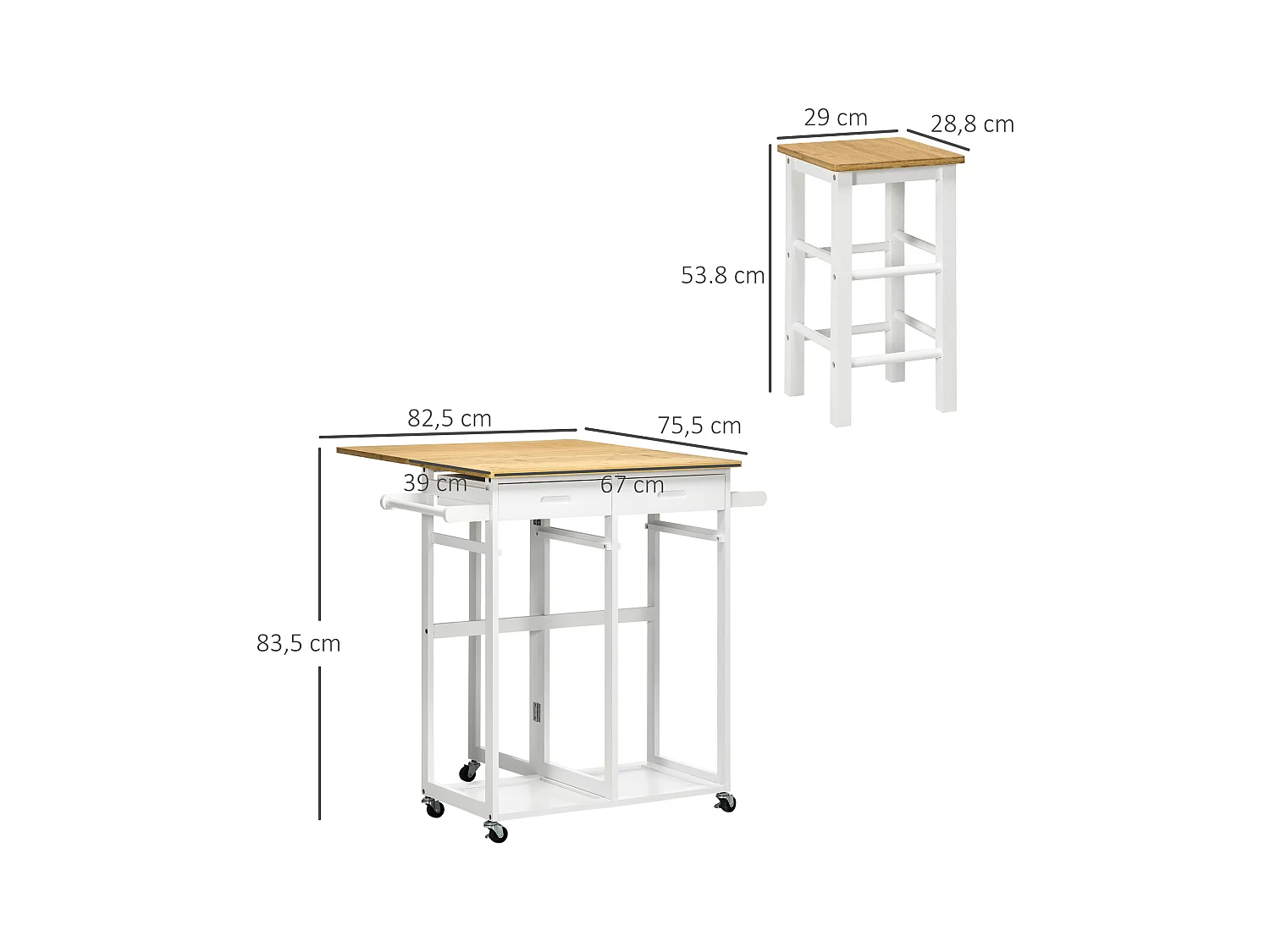 Ensemble table de bar pliable sur roulettes avec 2 tiroirs - 2 tabourets inclus - bois bambou verni et blanc
