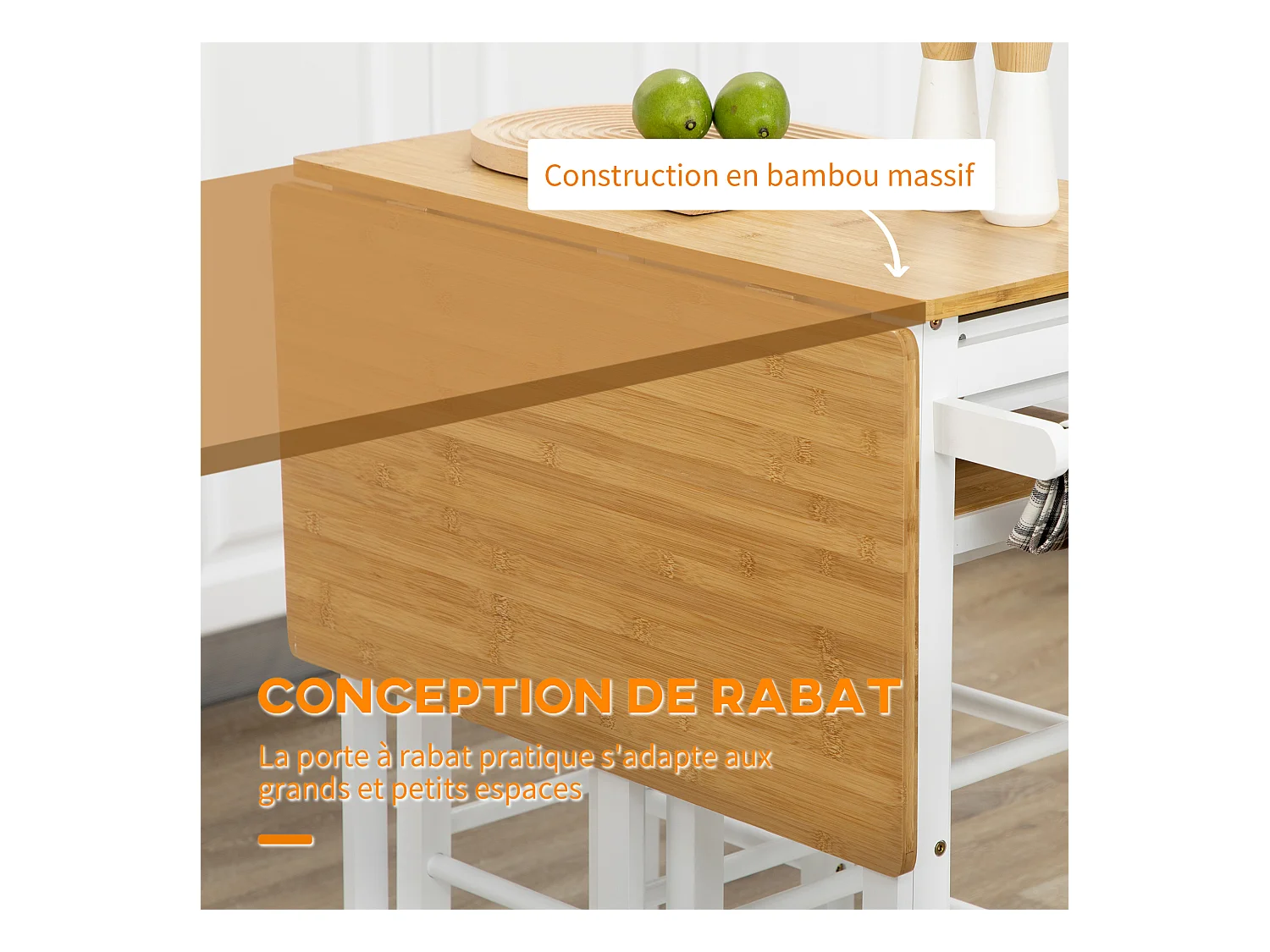 Ensemble table de bar pliable sur roulettes avec 2 tiroirs - 2 tabourets inclus - bois bambou verni et blanc