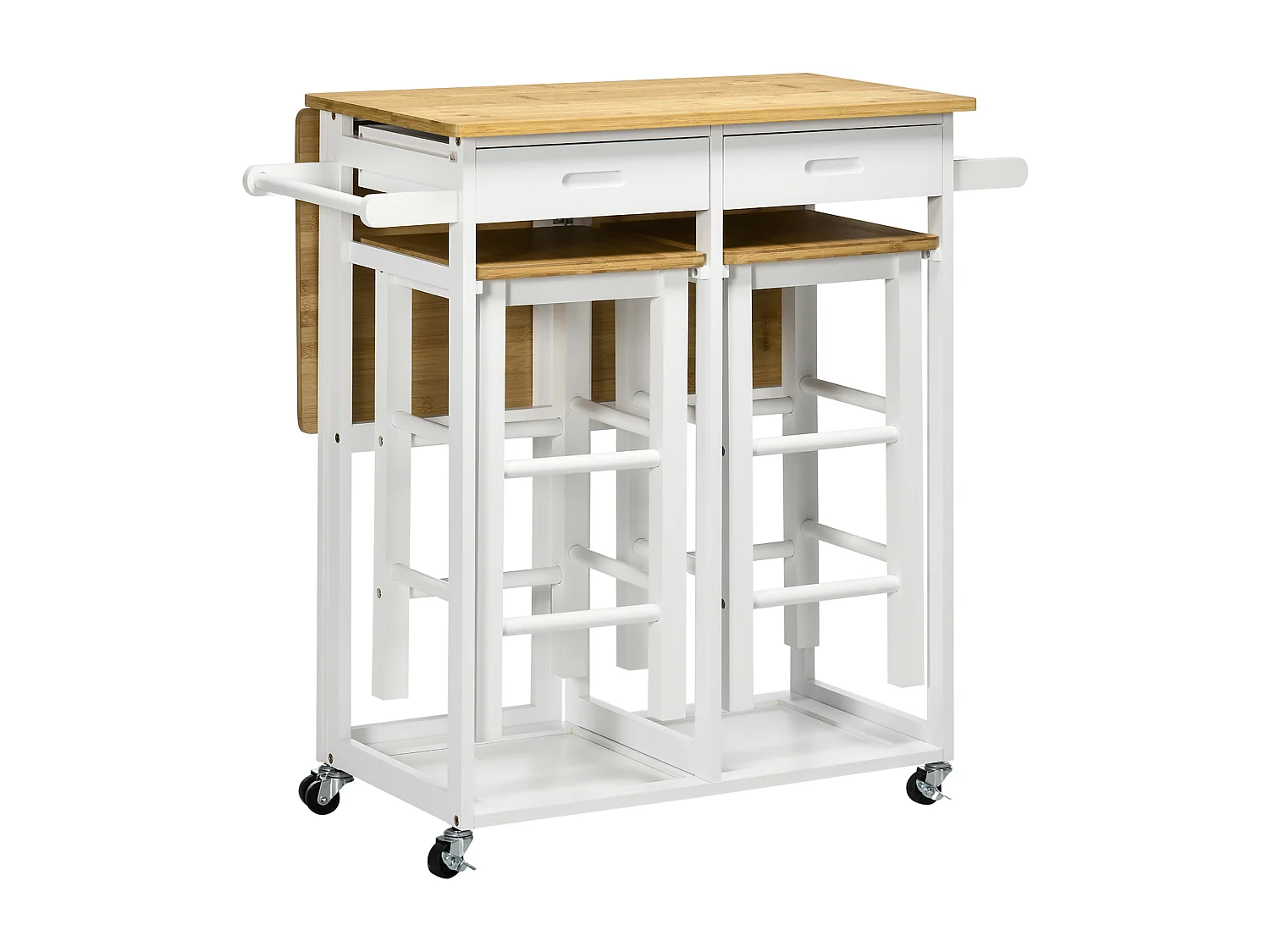 Ensemble table de bar pliable sur roulettes avec 2 tiroirs - 2 tabourets inclus - bois bambou verni et blanc