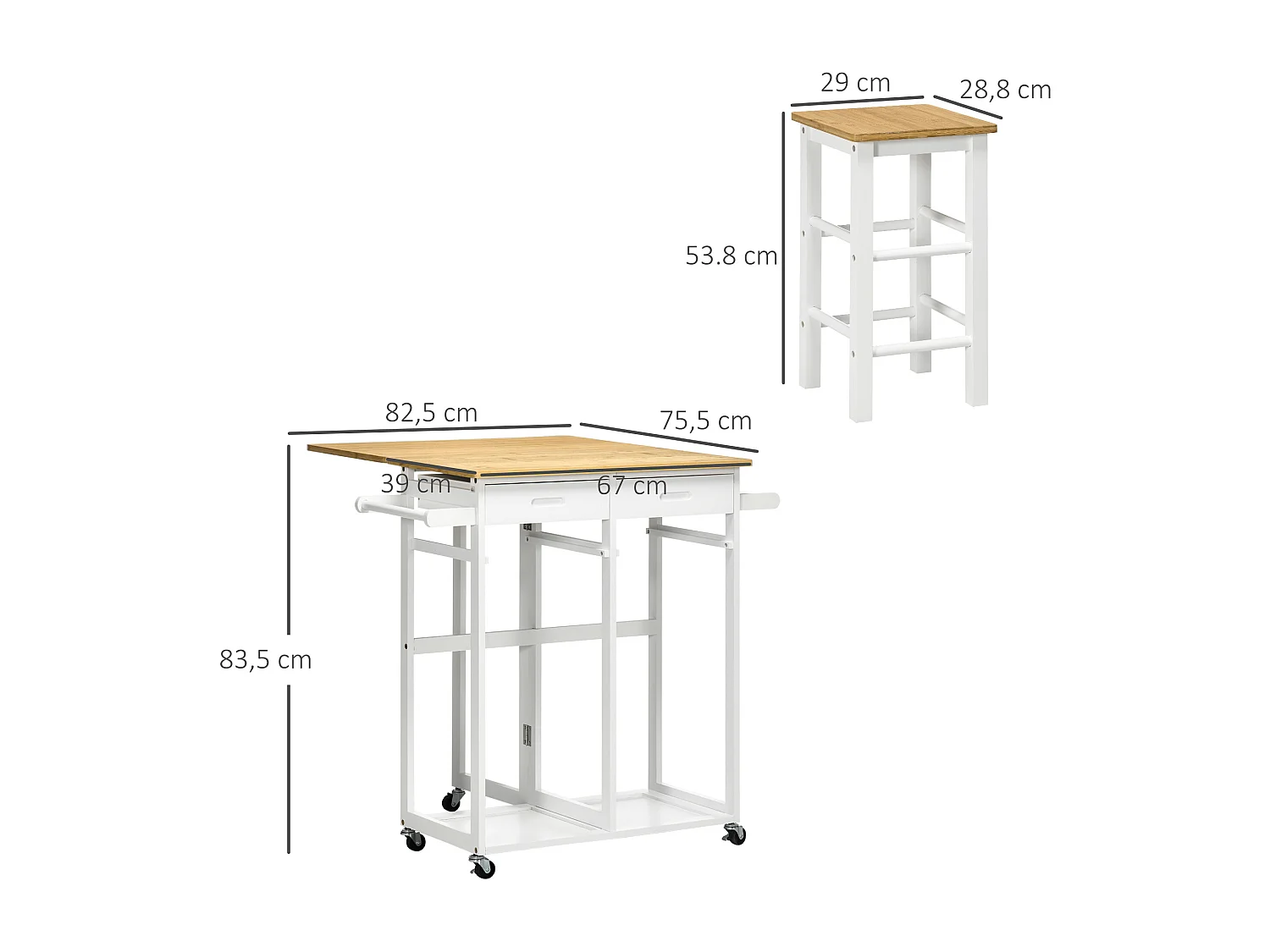 Ensemble table de bar pliable sur roulettes avec 2 tiroirs - 2 tabourets inclus - bois bambou verni et blanc