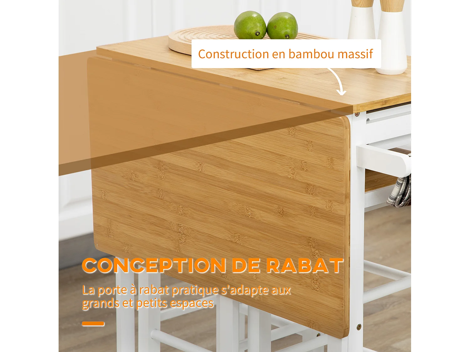 Ensemble table de bar pliable sur roulettes avec 2 tiroirs - 2 tabourets inclus - bois bambou verni et blanc