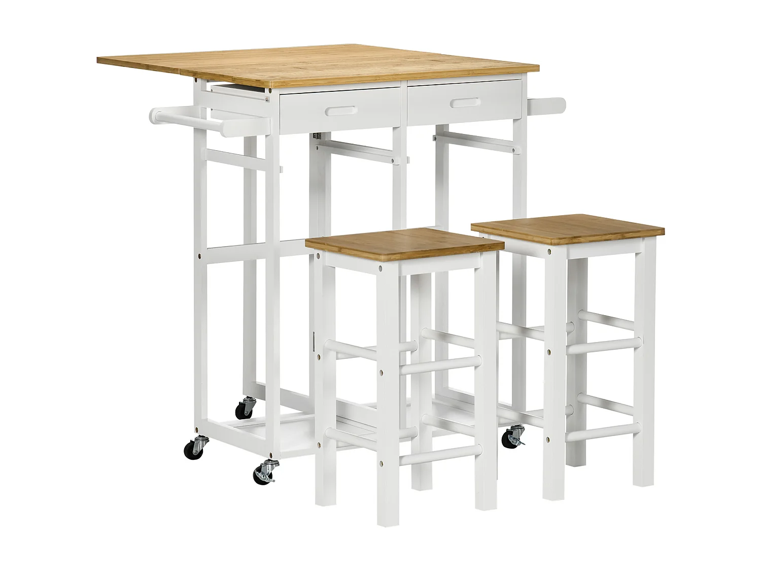 Ensemble table de bar pliable sur roulettes avec 2 tiroirs - 2 tabourets inclus - bois bambou verni et blanc
