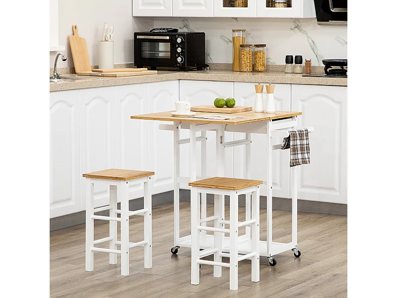 Ensemble table de bar pliable sur roulettes avec 2 tiroirs - 2 tabourets inclus - bois bambou verni et blanc