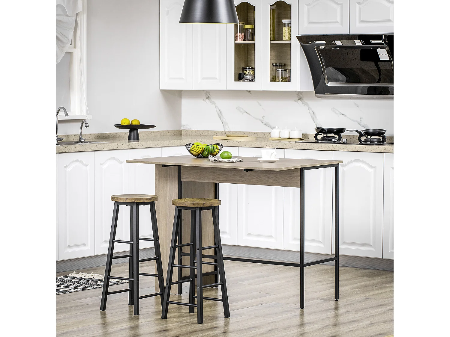 Table de bar extensible design industriel - 3 étagères intégrées - châssis métal noir aspect bois gris