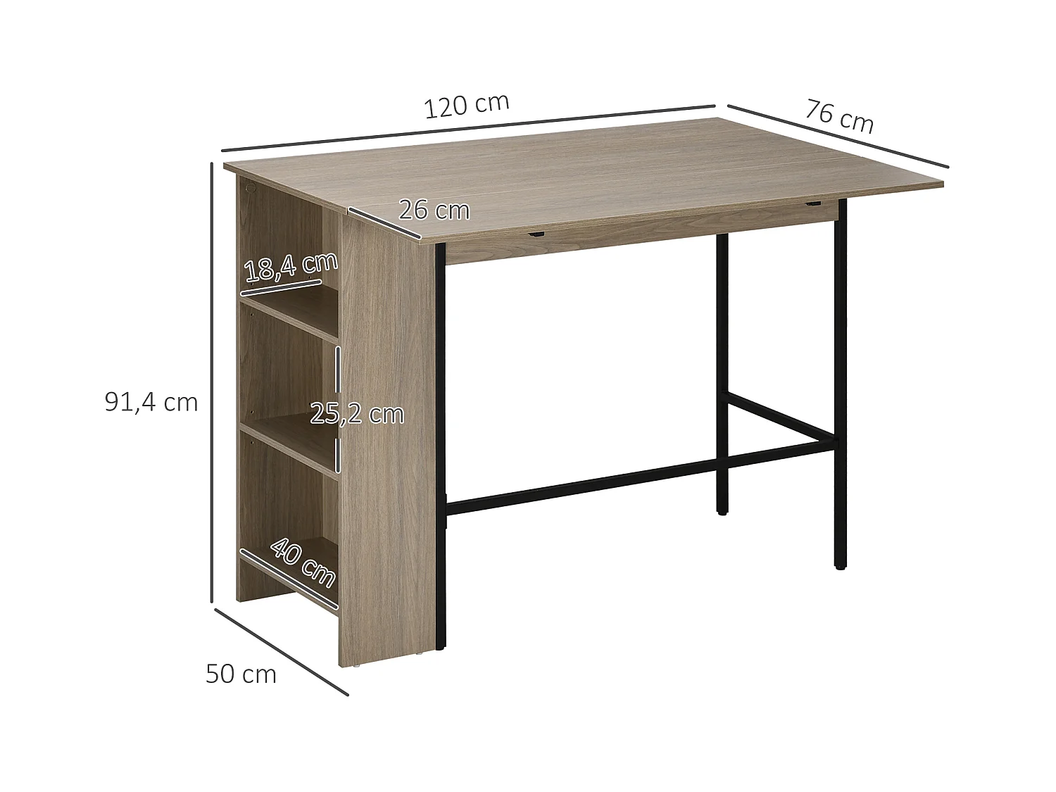 Table de bar extensible design industriel - 3 étagères intégrées - châssis métal noir aspect bois gris