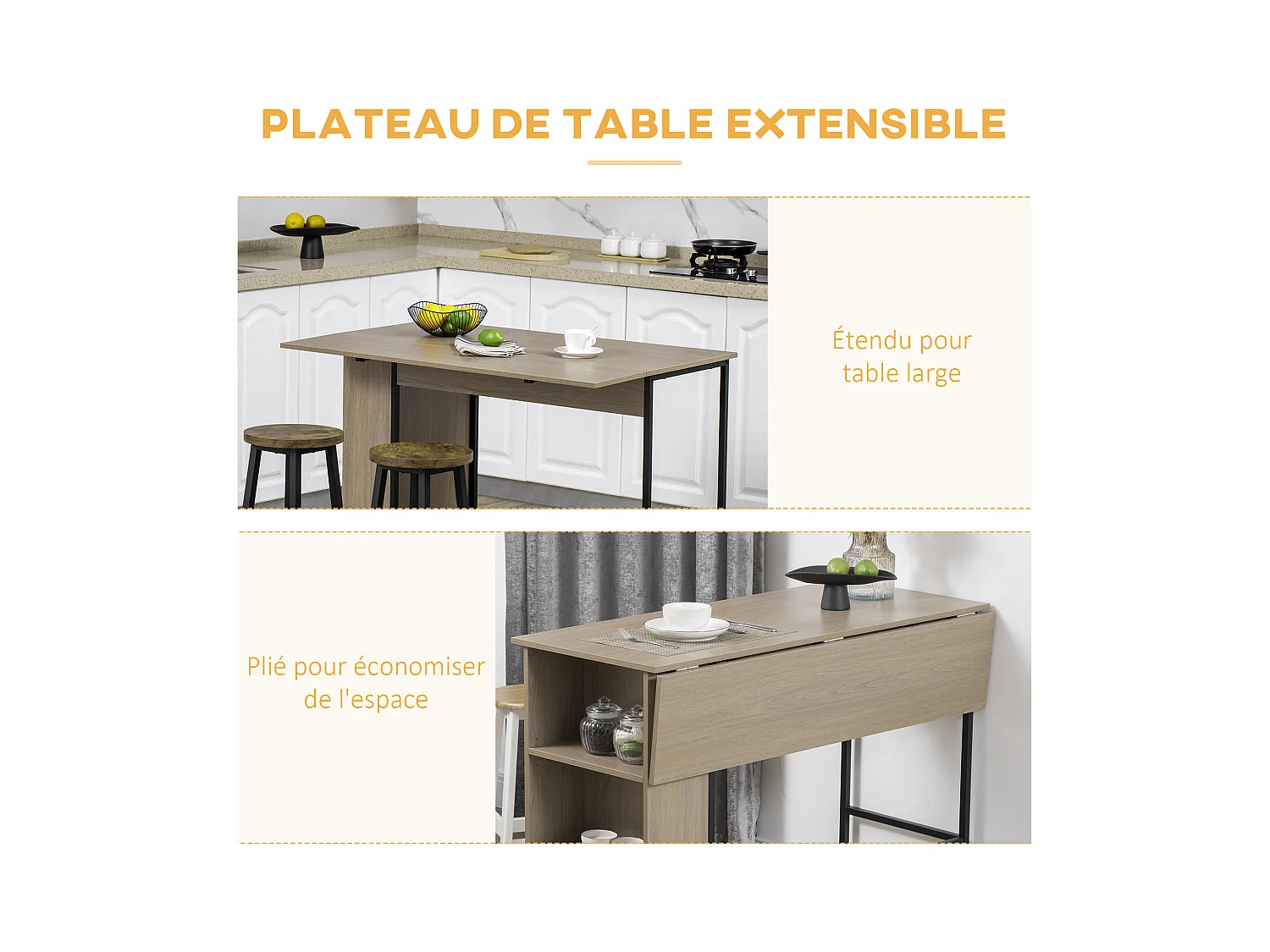 Table de bar extensible design industriel - 3 étagères intégrées - châssis métal noir aspect bois gris