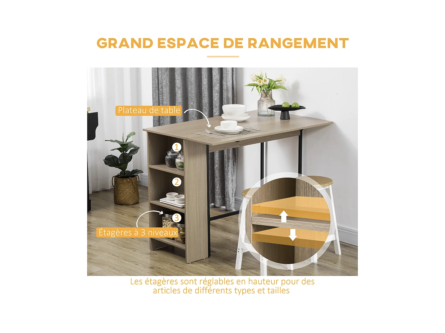 Table de bar extensible design industriel - 3 étagères intégrées - châssis métal noir aspect bois gris