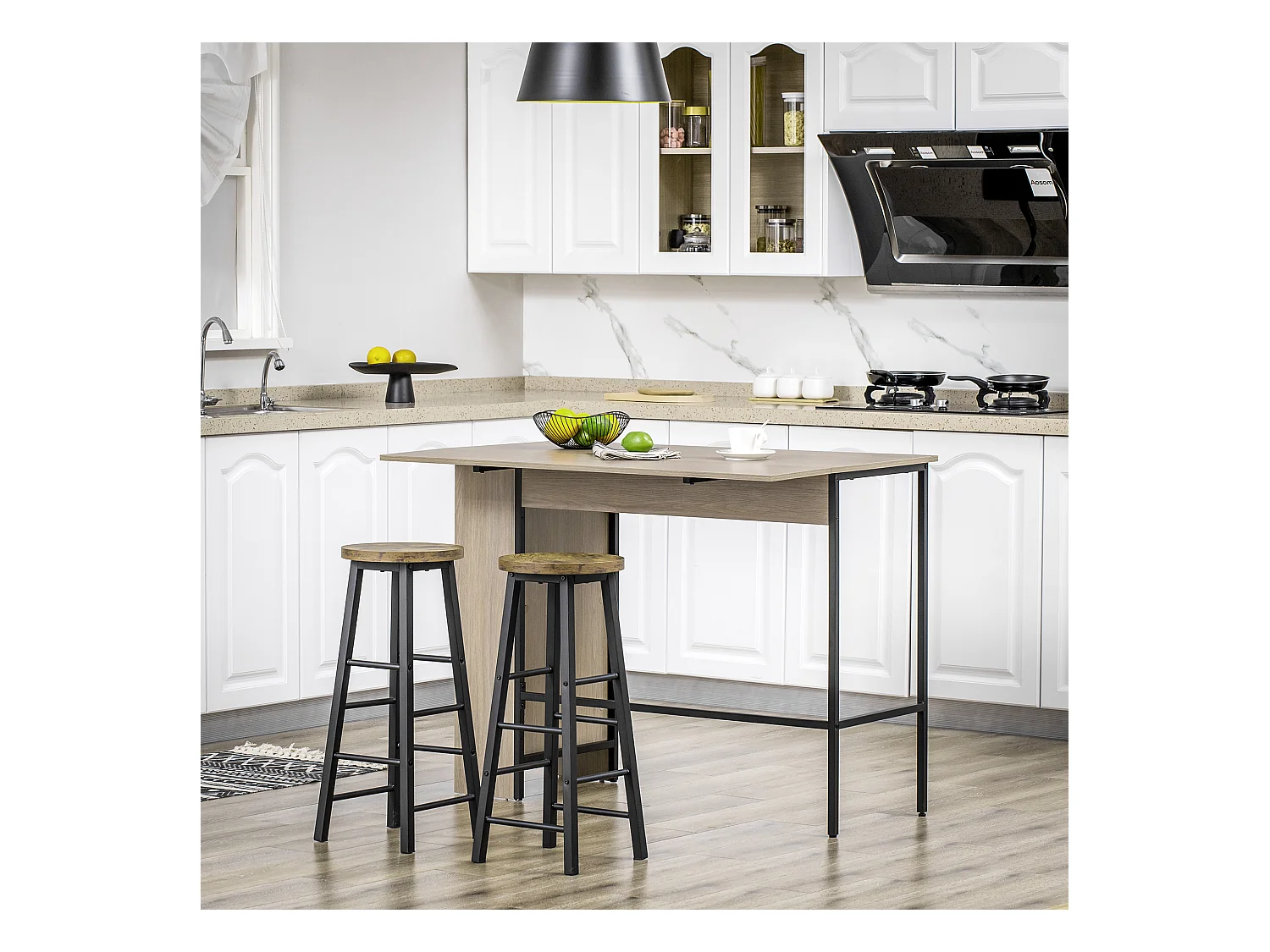 Table de bar extensible design industriel - 3 étagères intégrées - châssis métal noir aspect bois gris