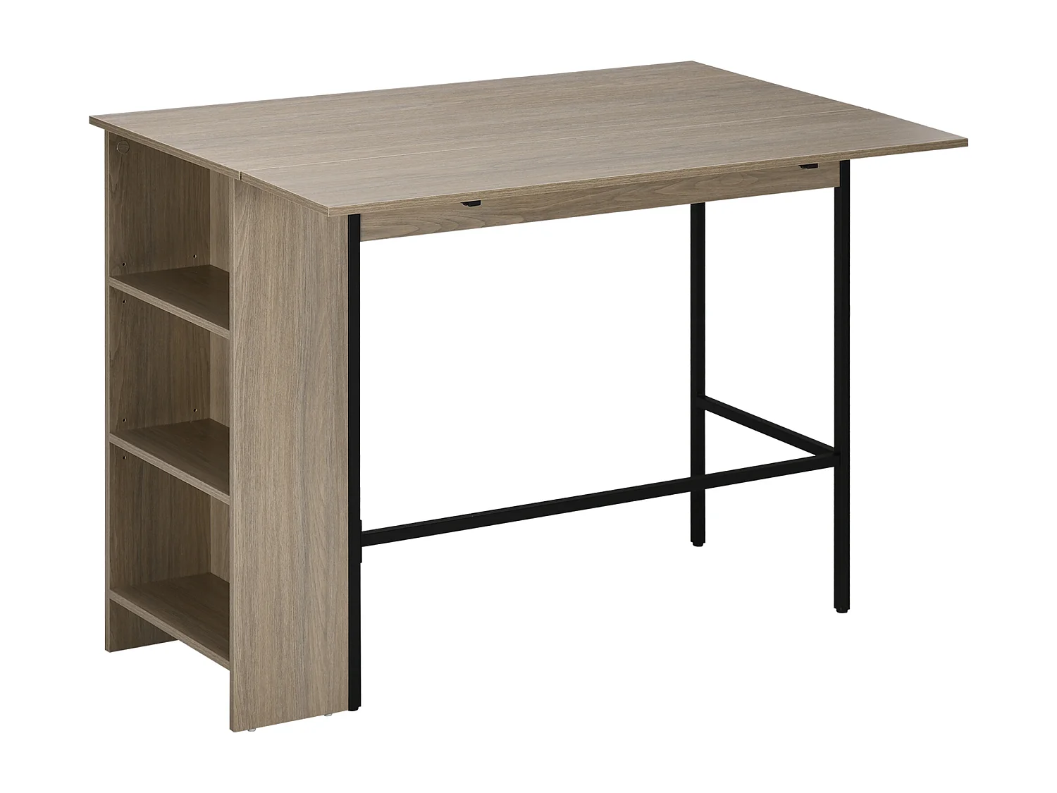 Table de bar extensible design industriel - 3 étagères intégrées - châssis métal noir aspect bois gris
