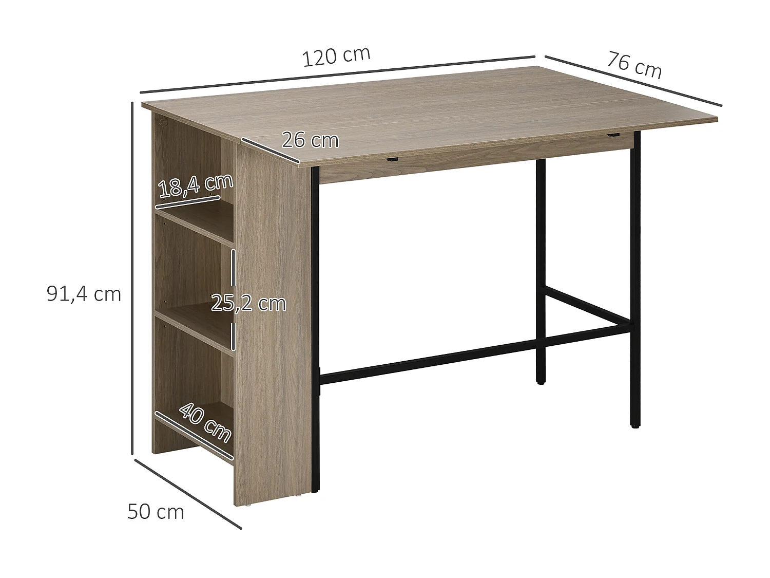Table de bar extensible design industriel - 3 étagères intégrées - châssis métal noir aspect bois gris
