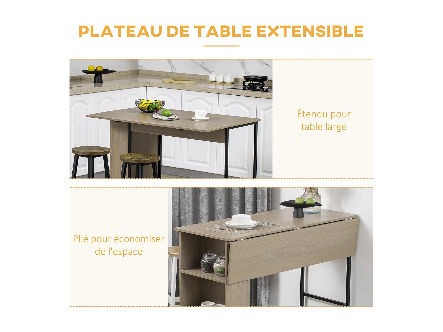 Table de bar extensible design industriel - 3 étagères intégrées - châssis métal noir aspect bois gris